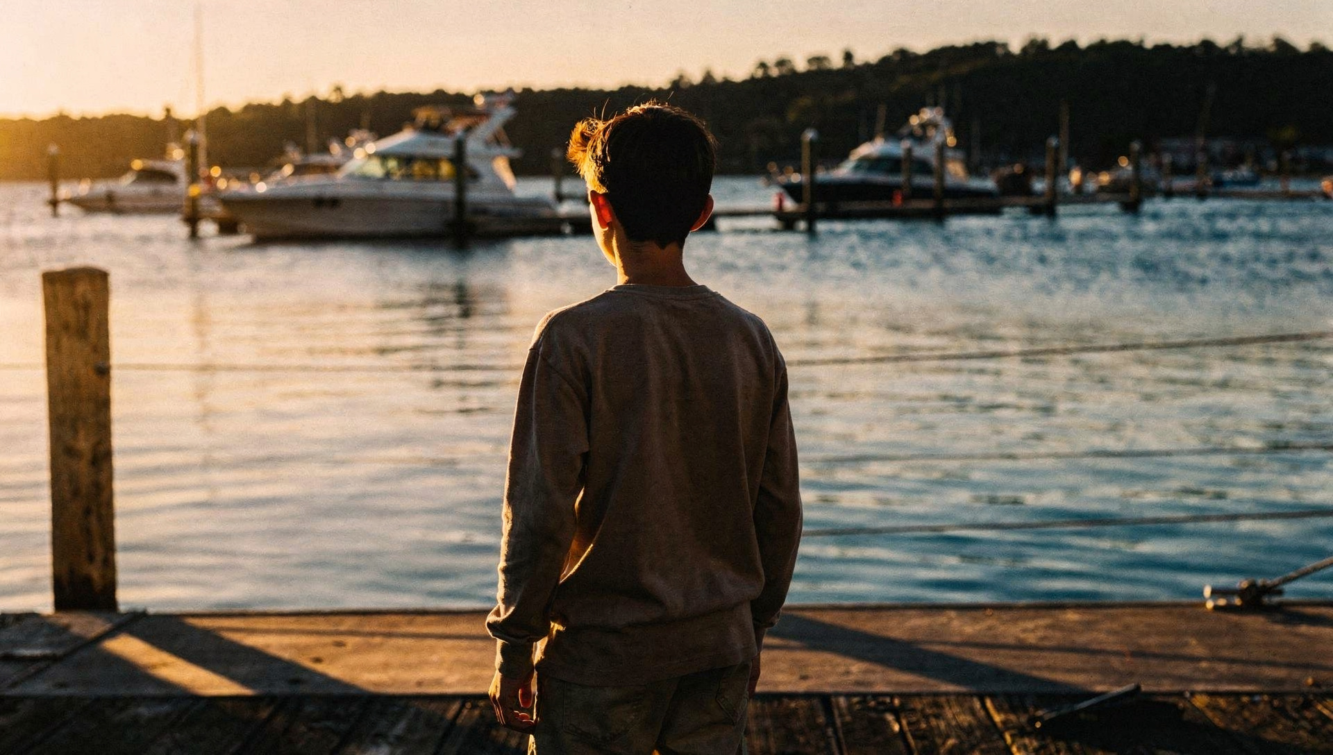 A family looking out over superyachts in a Mediterranean marina at golden hour