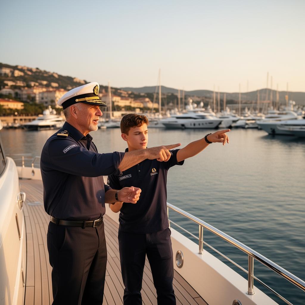 Yacht crew on deck at golden hour